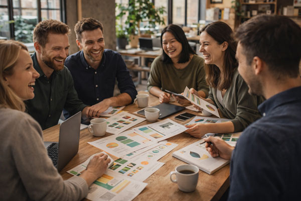 Team bei der gemeinsamen Arbeit an einem Kreativprojekt